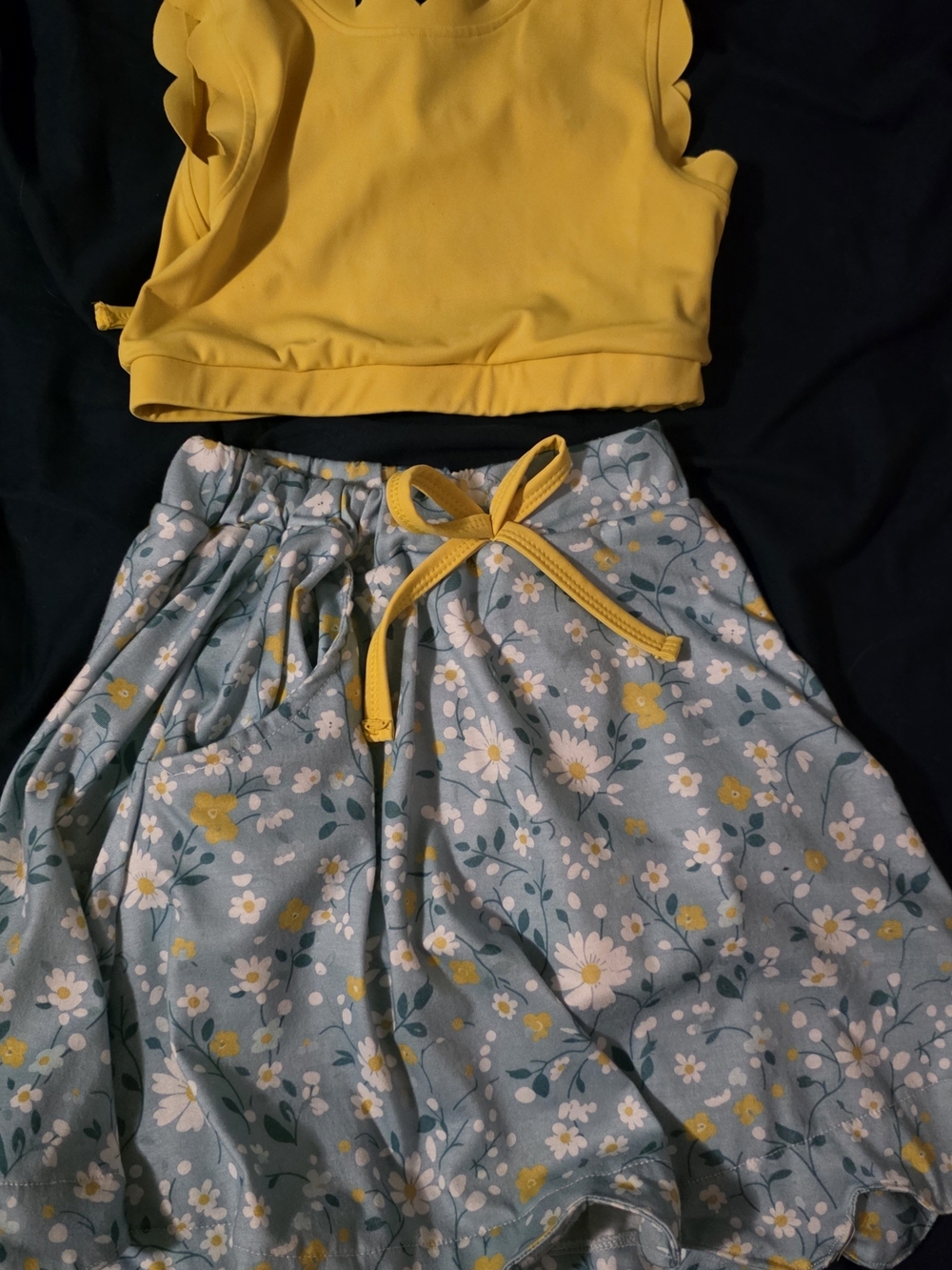Girls Yellow Ruffle Crop Top and Floral Skater Skirt Set